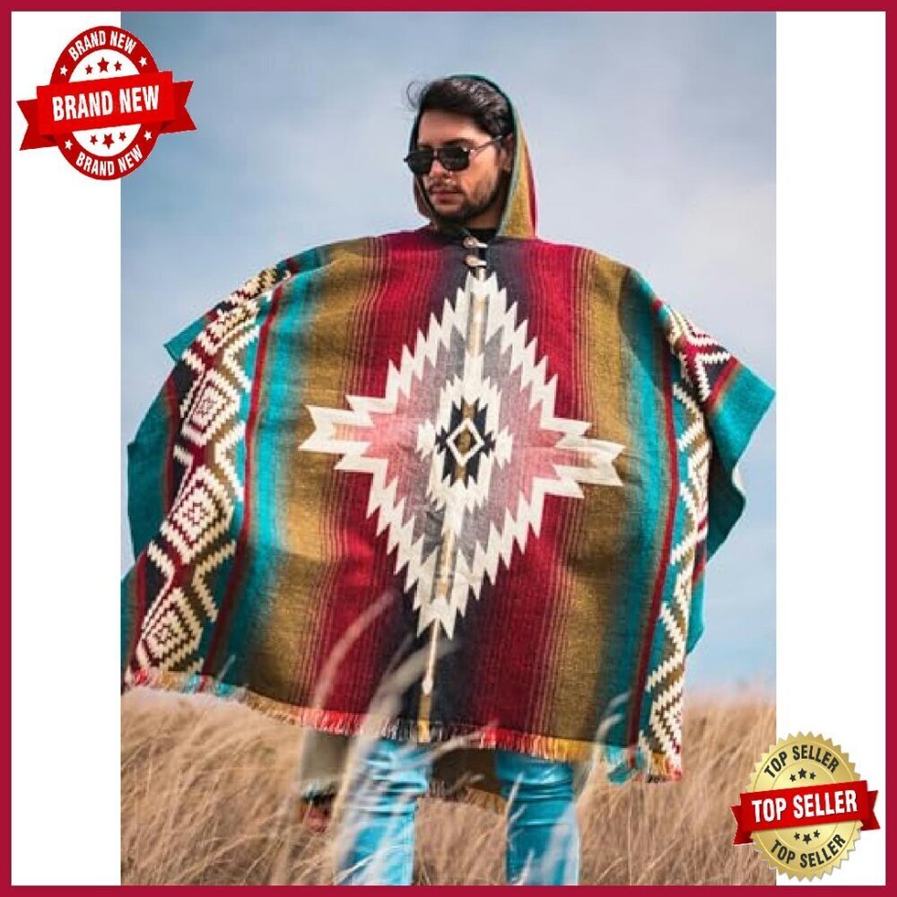 Handmade Alpaca Wool Poncho Hooded Oversized Mens Outerwear - Picture 8 of 8